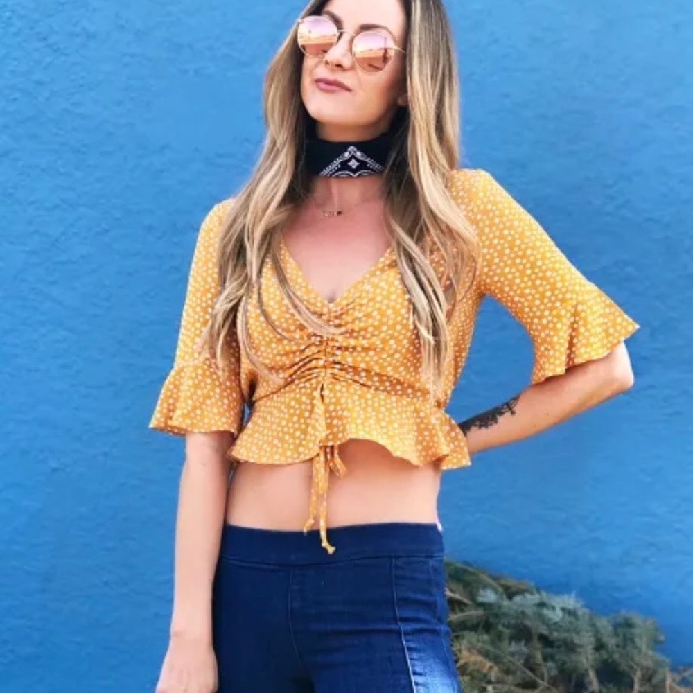 Forever 21 Mustard Yellow Polka Dot Ruched Front Peplum Crop Top Small